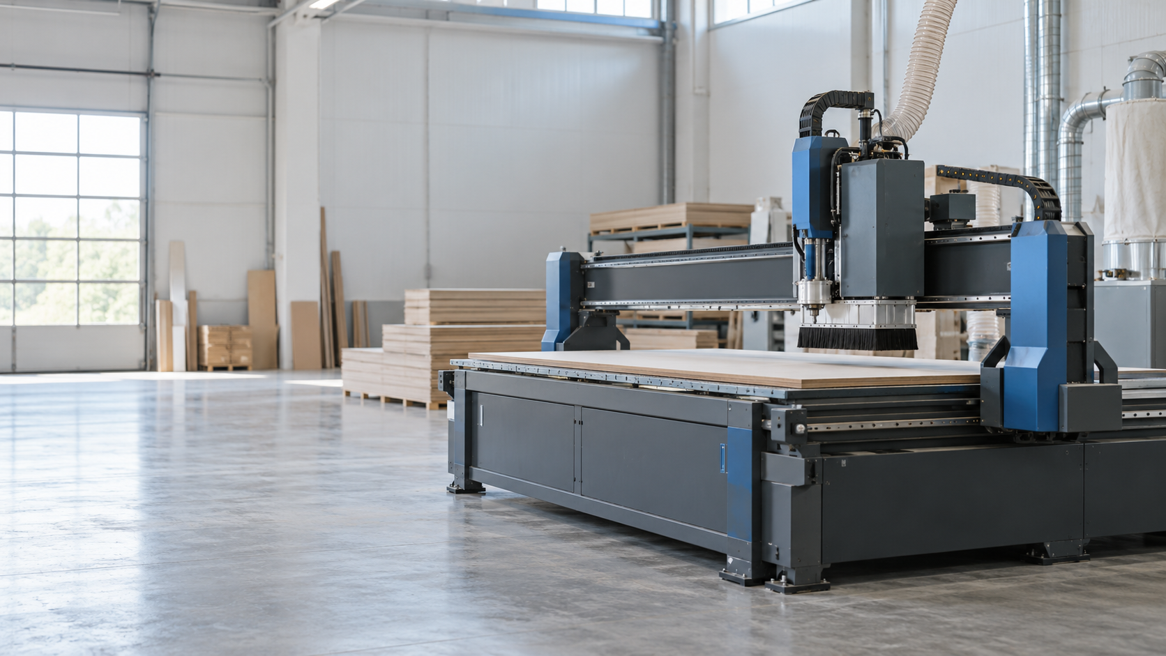 Illustrative woodworking workshop with an unbranded CNC router and wood panels